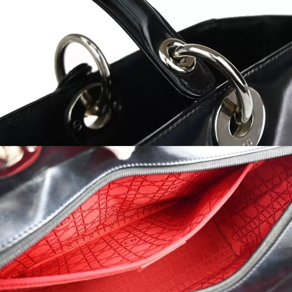 CHRISTIAN DIOR Lady Tote Hand Bag Patent Leather Black Silver Italy 12SH744 - Picture 9 of 16